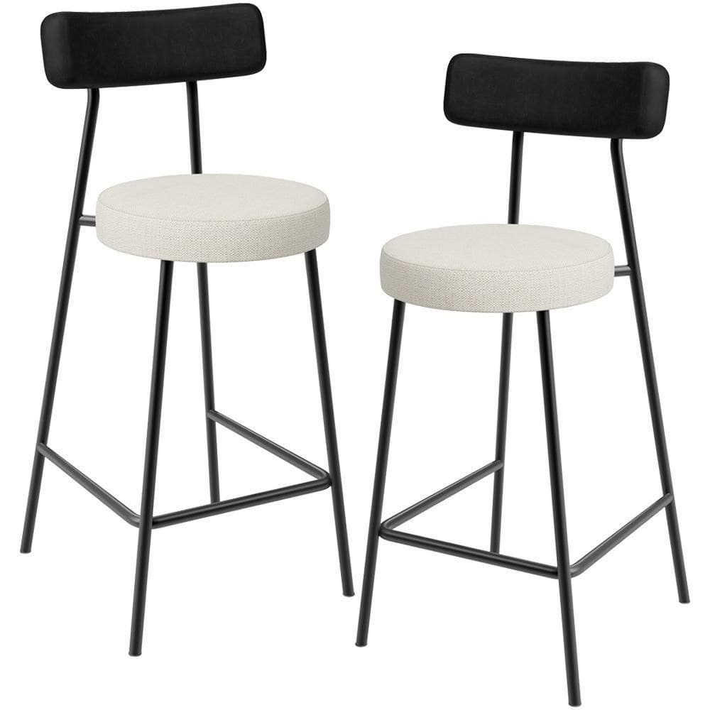 Kit 02 Banquetas Baixa Cozinha Sala Jantar Milão L02 Couríssimo Preto Linho Champagne