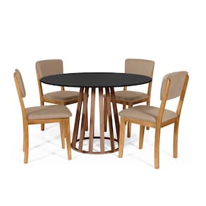 Mesa De Jantar Redonda Gabi Pret/nor Com 4 Cadeiras Estofadas Ella Marrom Claro