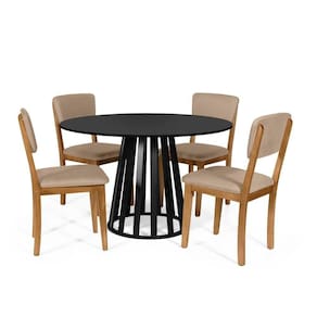 Mesa De Jantar Redonda Gabi Preta Com 4 Cadeiras Estofadas Ella Marrom Claro