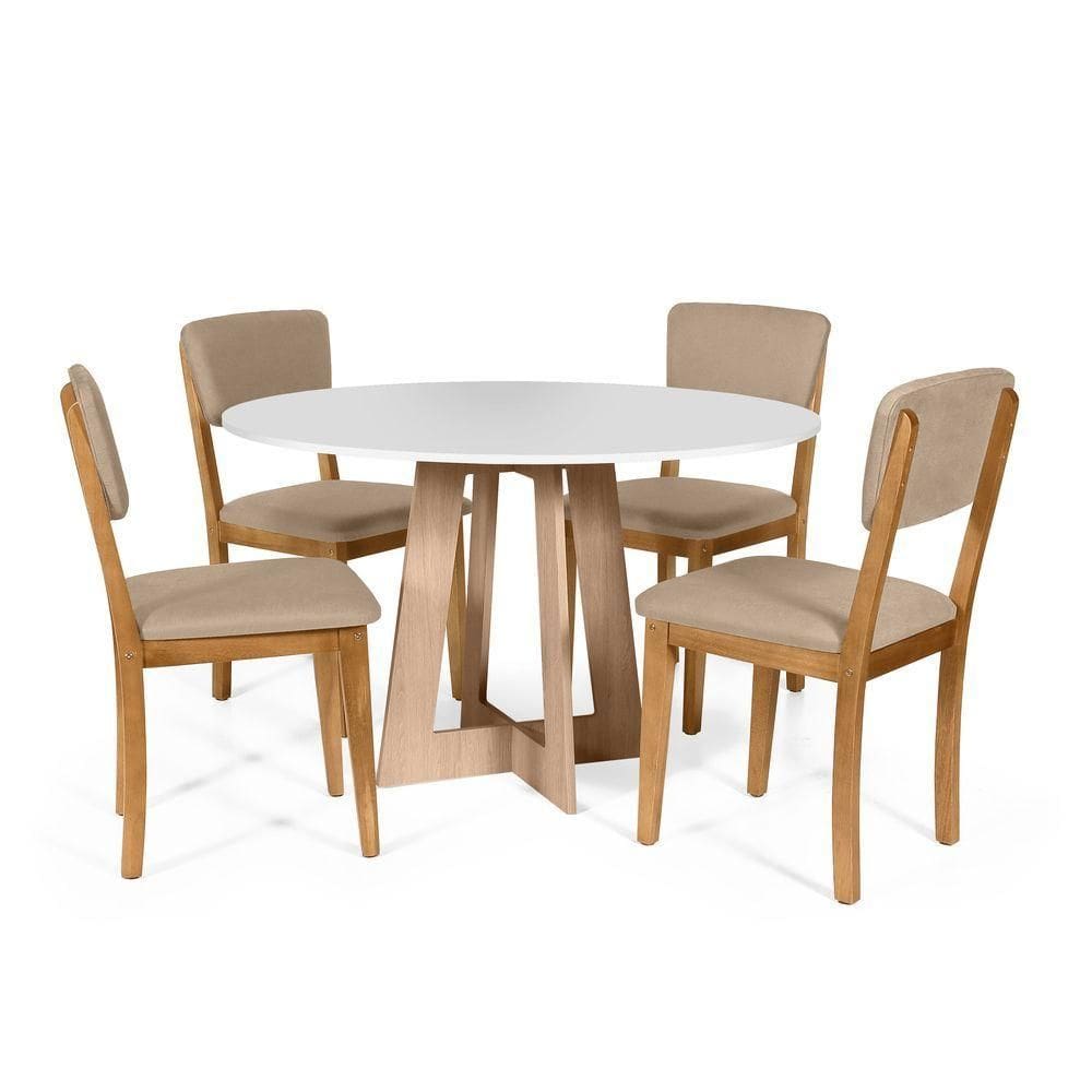 Mesa De Jantar Redonda Montreal Bran/jade Com 4 Cadeiras Estofadas Ella Bege