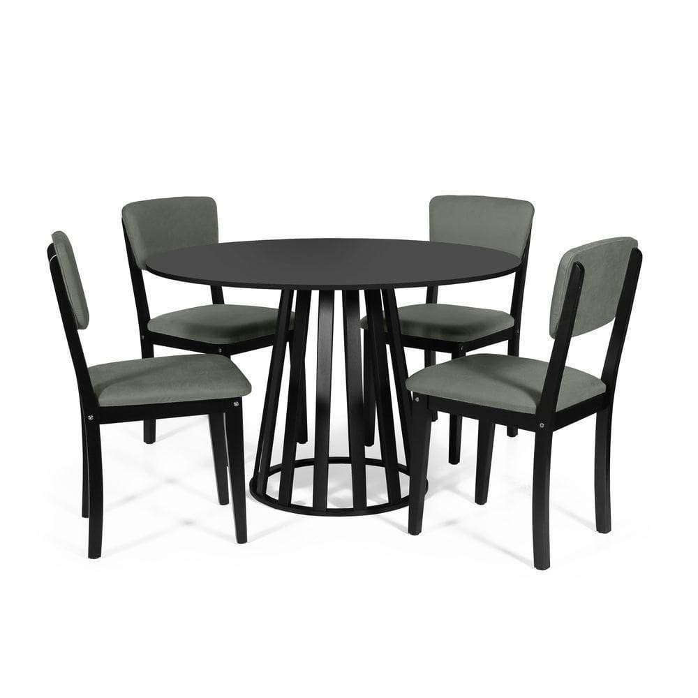 Mesa De Jantar Redonda Gabi Preta Com 4 Cadeiras Estofadas Ella Preto/cinza