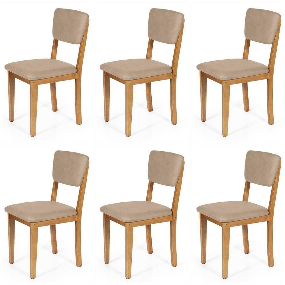Conjunto 6 Cadeiras De Jantar Estofada Em Madeira Maciça Ella Bege