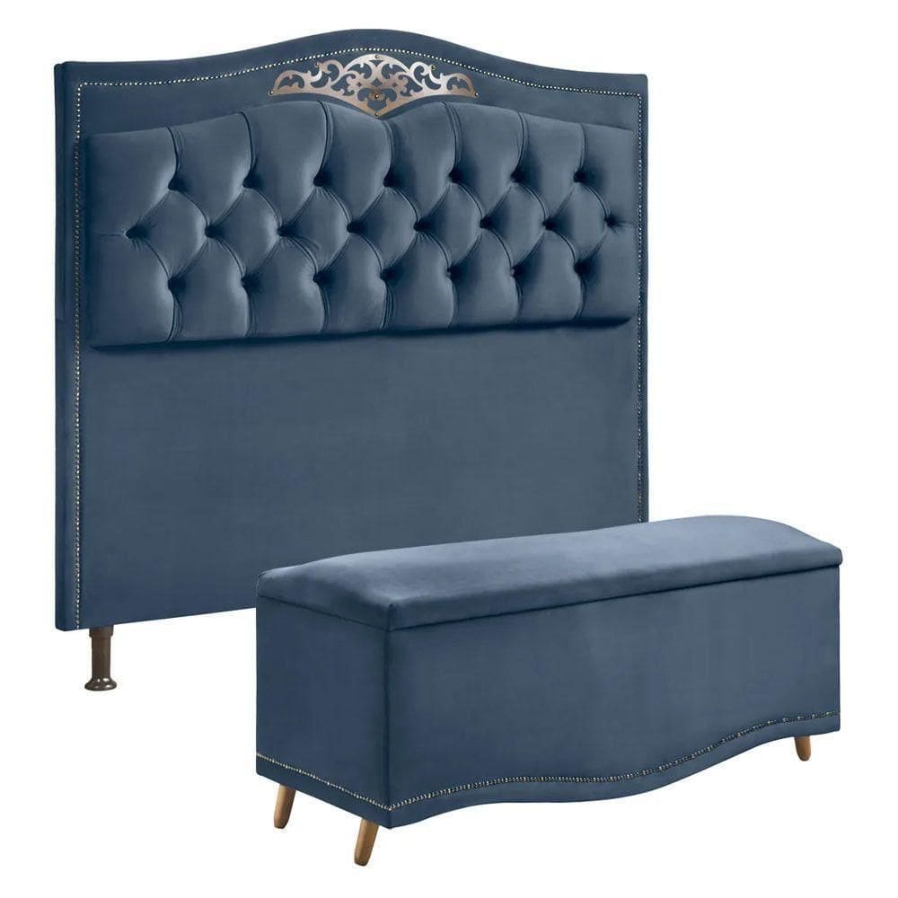 Conjunto Cabeceira E Calçadeira Holanda 1,60 Cm Veludo Speciale Home Azul