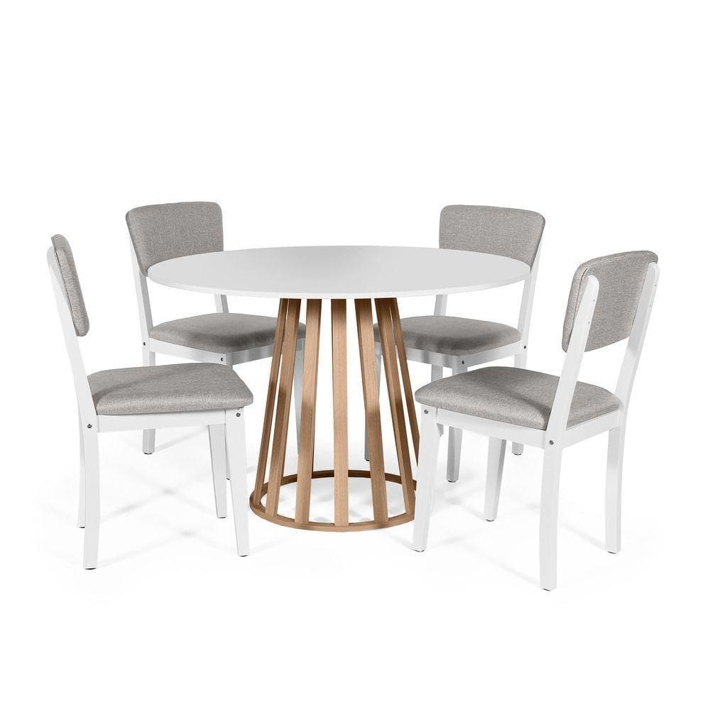 Mesa De Jantar Redonda Gabi Bran/jade Com 4 Cadeiras Estofadas Ella Branco/cinza Claro