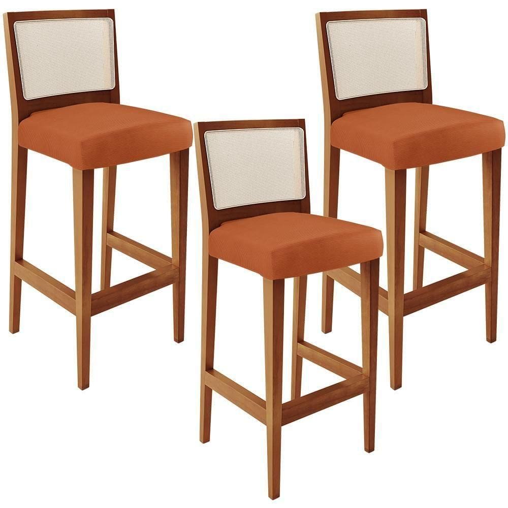 Kit 03 Banquetas Alta Para Cozinha Encosto Em Tela Branco Zion L02 Tecido Terracota