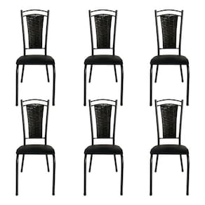 Kit 6 Cadeira De Cozinha Tubular Aço Estofada Encosto Junco Preto