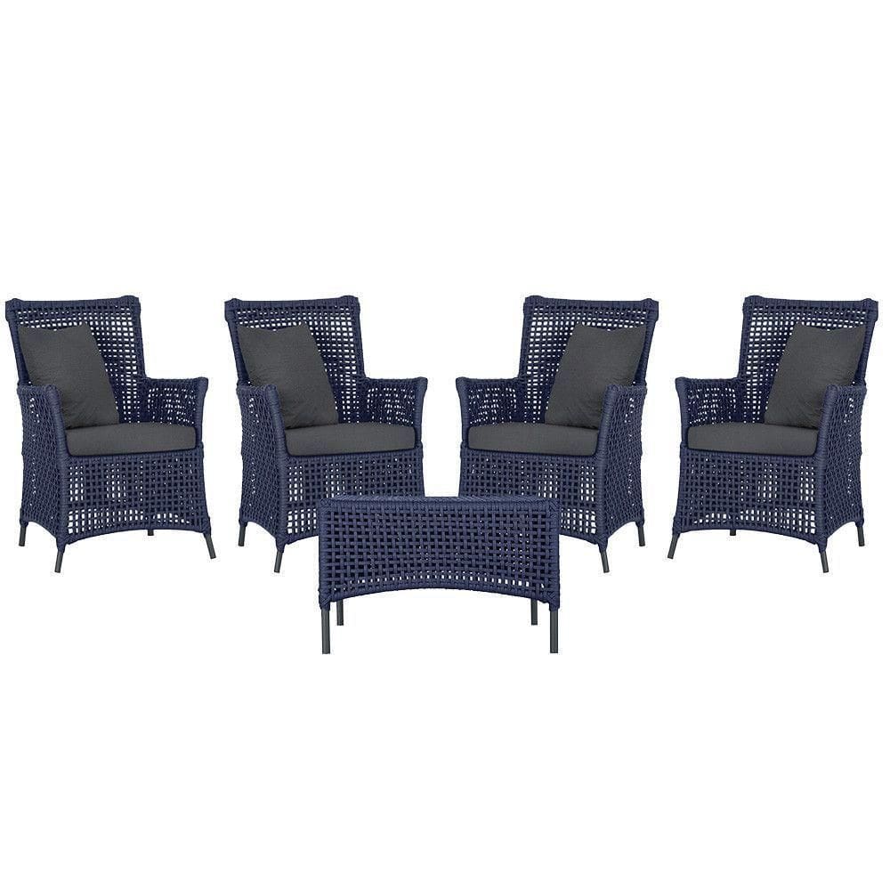 4 Poltronas E 1 Mesa Igapó Alumínio Preta Corda Náutica E11 Azul