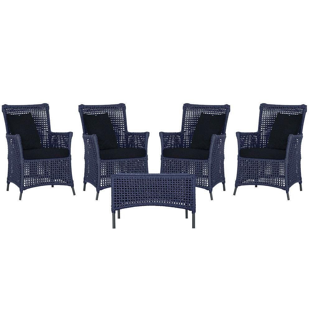 4 Poltronas E 1 Mesa Igapó Alumínio Preta Corda Náutica E12 Azul