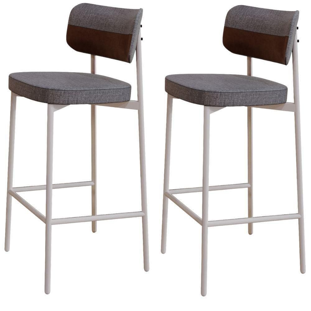 Kit 02 Banquetas Alta Bar Cozinha Sala De Jantar Aço Branco Kaira C01 Linho Cinza Courino Whisky - Lyam Decor