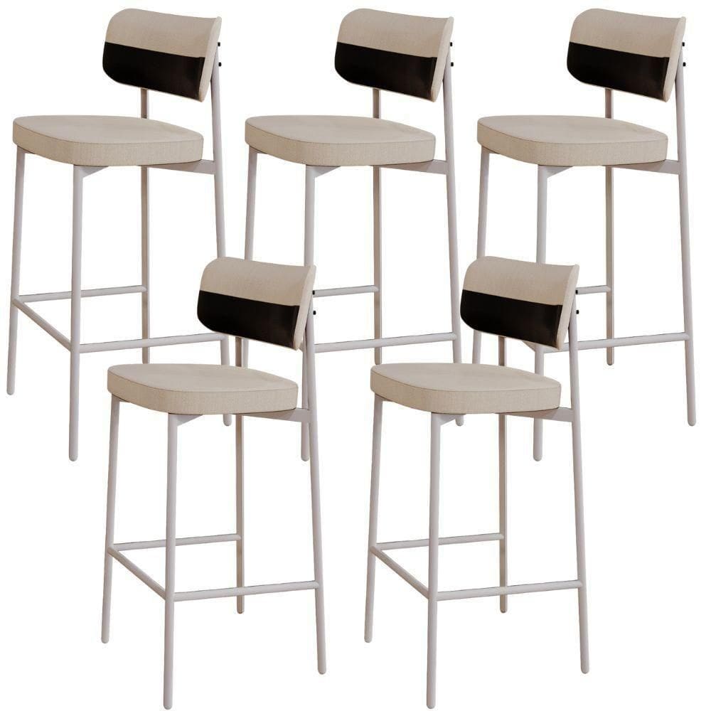 Kit 05 Banquetas Alta Bar Cozinha Sala De Jantar Aço Branco Kaira C01 Linho Areia Courino Preto - Lyam Decor