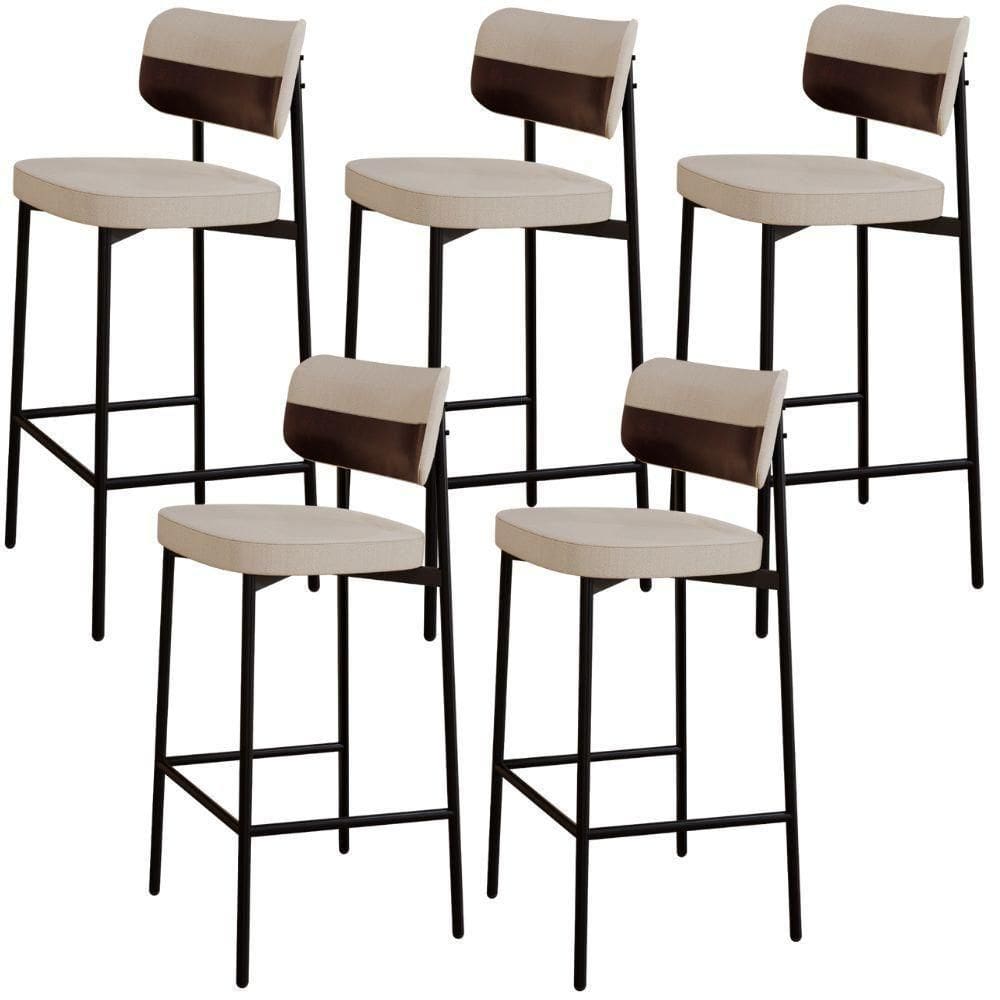 Kit 05 Banquetas Alta Bar Cozinha Sala De Jantar Aço Preto Kaira C01 Linho Areia Courino Café - Lyam Decor