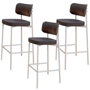 Kit 03 Banquetas Alta Bar Cozinha Sala De Jantar Aço Branco Kaira C01 Linho Preto Courino Café - Lyam Decor