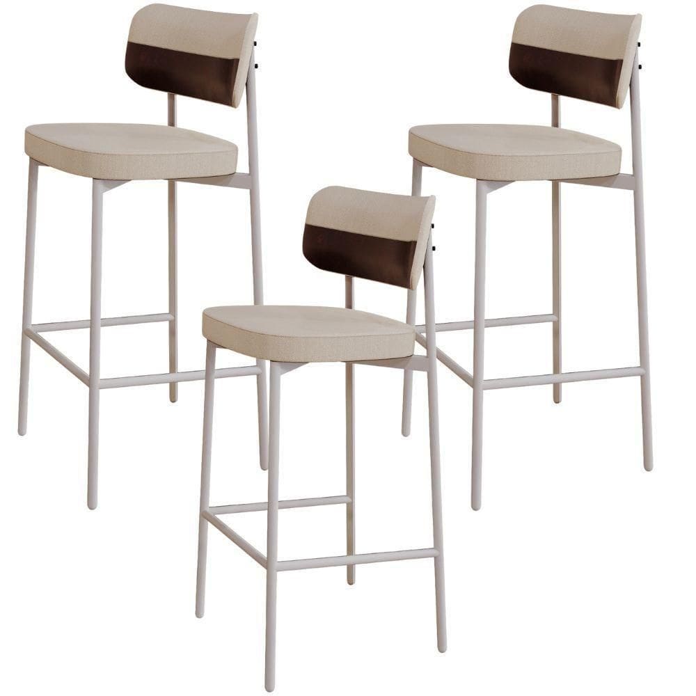 Kit 03 Banquetas Alta Bar Cozinha Sala De Jantar Aço Branco Kaira C01 Linho Areia Courino Café - Lyam Decor