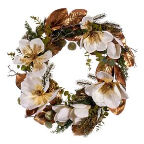 Coroa de magnólia artificial Vickerman 30cm poliéster branco
