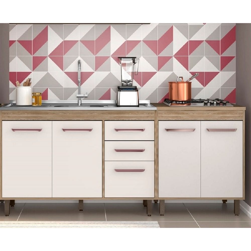 Balcão de Pia 120m S/Tampo com Balcão p/ Cooktop 70cm Barcelona - Carvalho OAK/Off White Poliman