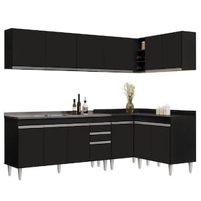 Armário De Cozinha Modulado De Canto 6 Peças Cp33 Com Pia Inox Preto - Lumil