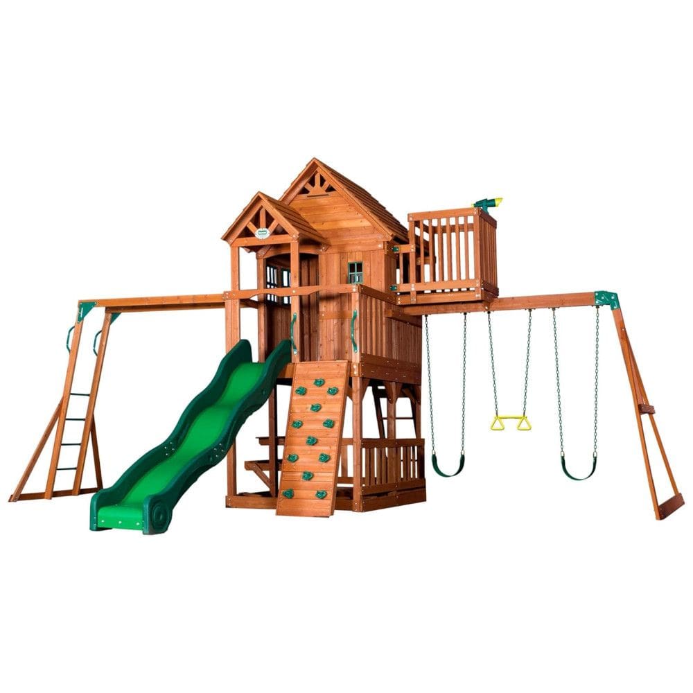 Playground Infantil de Madeira com Caixa de Areia, Mesa de Piquenique, Escorregador, Barras de Macaco, Balanços e Escalador, Backyard