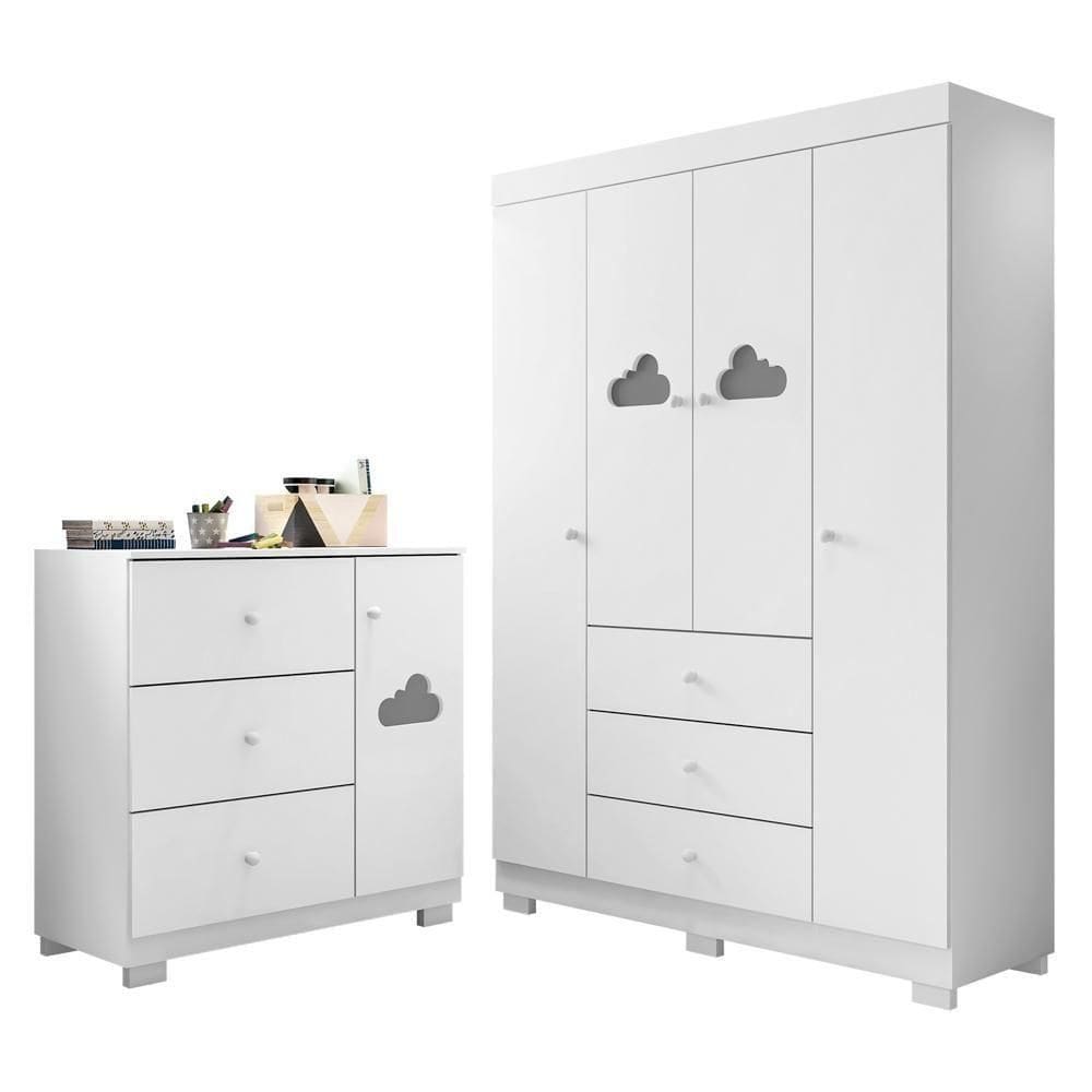 Jogo De Quarto Infantil Guarda Roupa E Cômoda Amora P04 Branco - Mpozenato