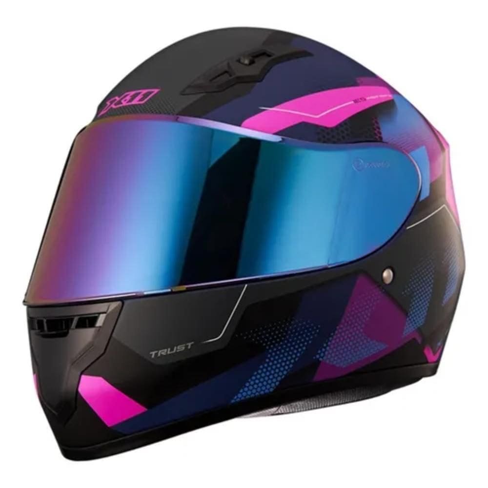 Capacete X11 Trust Pro Transit Rosa Azul mais Viseira Camaleão