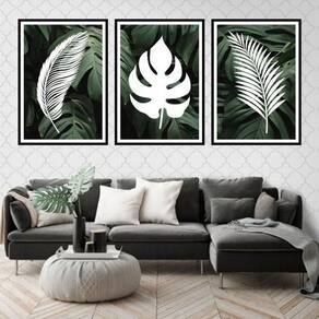 Kit 3 Quadros Folhas Tropicais Branco 60X40Cm Moldura Preta