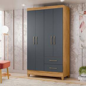 Guarda-roupa 4 Portas 2 Gavetas Chile Castanho Wood Moval Freijó/cinza