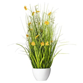 Cosmos amarelo em vasos artificiais e grama verde 31cm - Vickerman