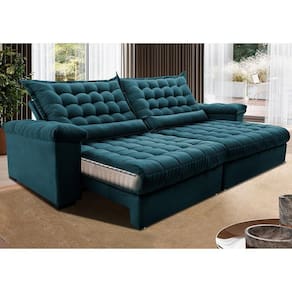 Sofá Retrátil E Reclinável 2,15m Molas Ensacadas Cama Inbox Big Space Com Bordado 3d Velusoft Petróleo