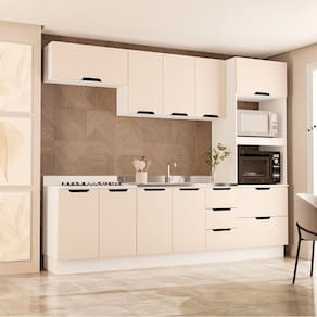 Cozinha 5 Peças Balcão 3 Gavetas 4 Portas Aéreo Basculante Torre Quente sem Tampo Meena Branco/Creme