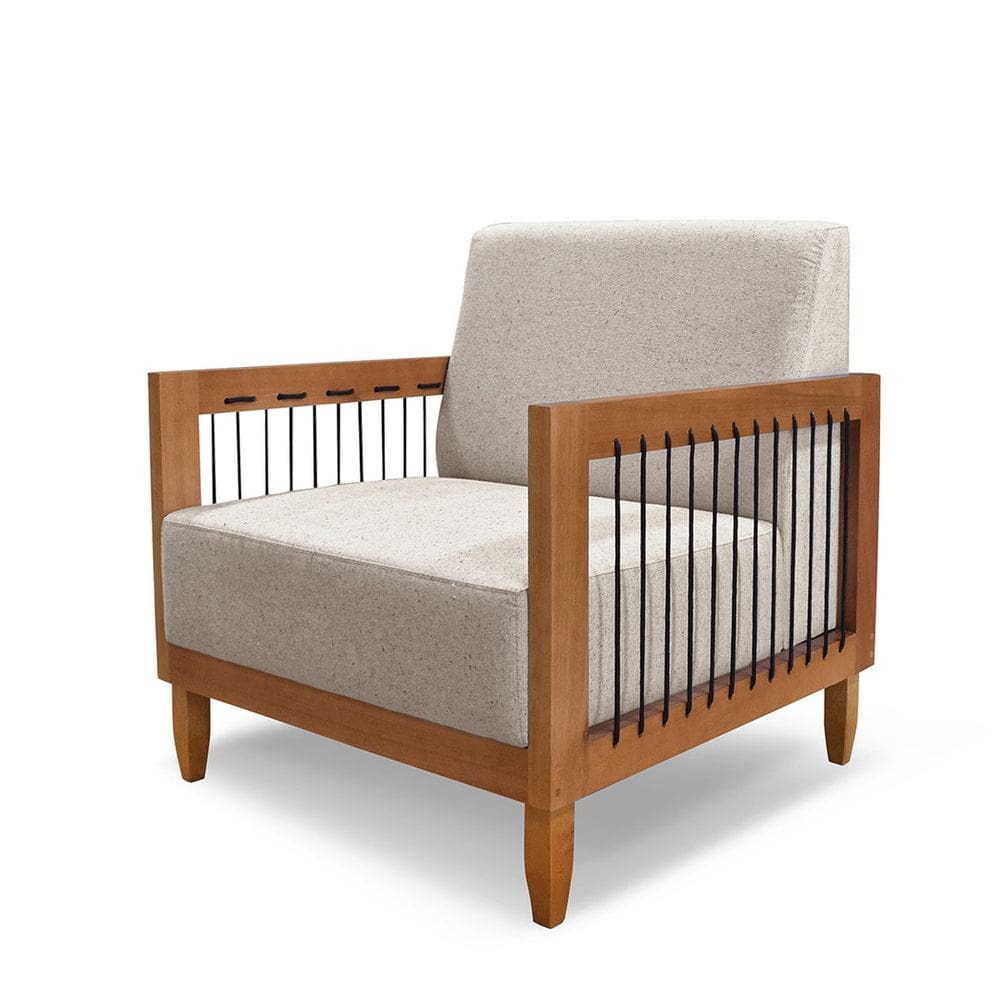 Poltrona Decorativa Base de Madeira Daia Linho Rústico Areia - Loja Sheep