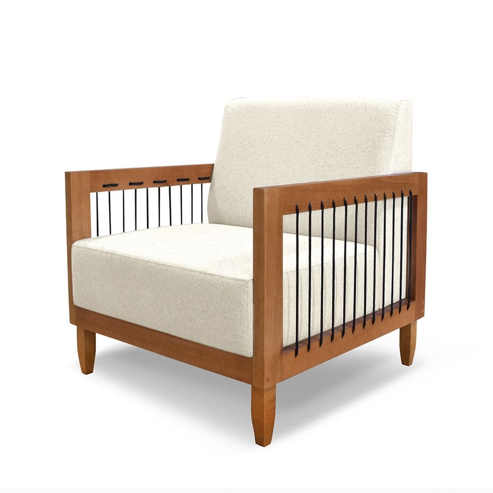 Poltrona Decorativa Base de Madeira Daia Linho Rústico Natural - Loja Sheep