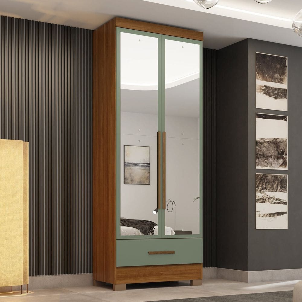 Guarda-roupa 2 Portas com Espelho Espresso Móveis Cinamomo / Verde