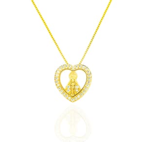 Colar Coração Nossa Senhora Cristal Banhado a Ouro