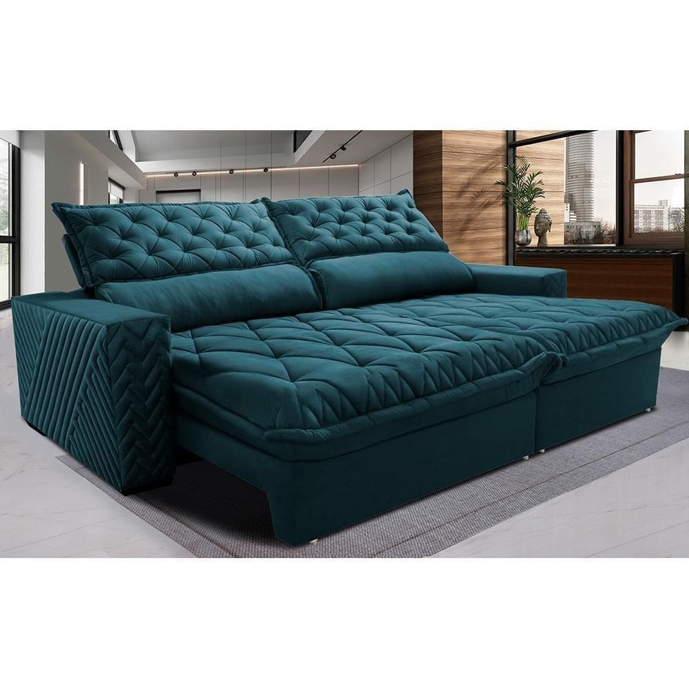 Sofá Retrátil E Reclinável 2,75m Molas Ensacadas Cama Inbox Spazus Com Bordado 3d Velusoft Petróleo