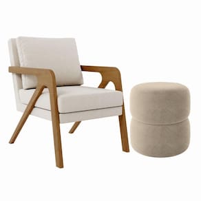 Kit Poltrona E Puff Decorativo Escritório Sala Recepção Aira linho Bege