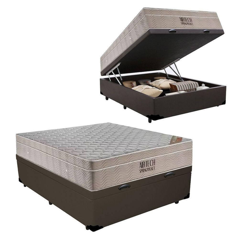 Cama Box Baú Casal Sintético + Colchão Ortobom Airtech Molas Ensacadas 138x188x65 Cor:marrom