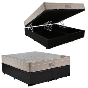 Cama Box Baú Queen Sintético Bipartido + Colchão Ortobom Airtech Molas Ensacadas 158x198x65 Cor:preto