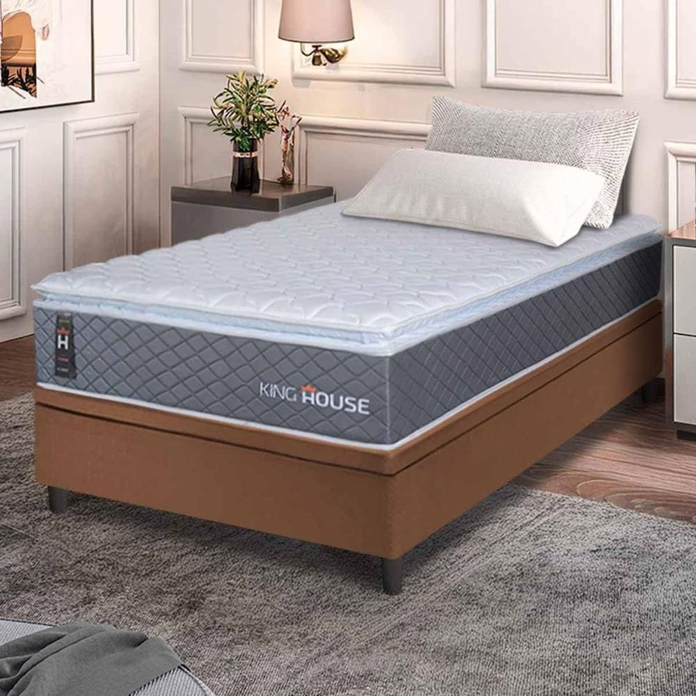 Conjunto Box Baú Marrom Argel Cinza Espuma D33 Solteiro 88x188x74 - King House