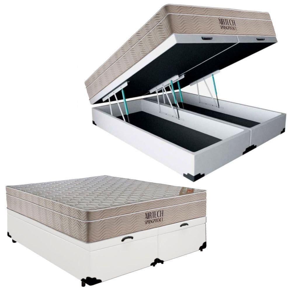 Cama Box Baú Casal Sintético Bipartido + Colchão Ortobom Airtech Molas Ensacadas 138x188x65 Branco