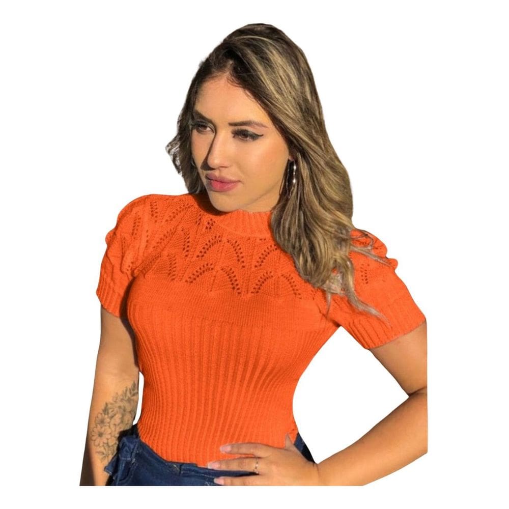Blusa Tricot Manga Curta Gola Alta