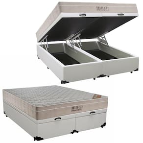 Cama Box Baú Queen Sintético Bipartido + Colchão Ortobom Airtech Molas Ensacadas 158x198x65 Cor:branco