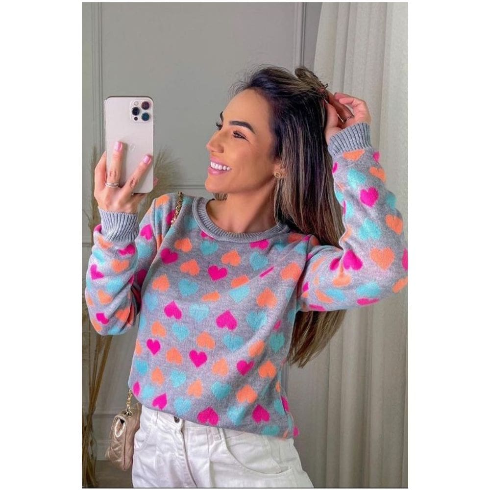 Blusa Tricot Coração Manga Longa