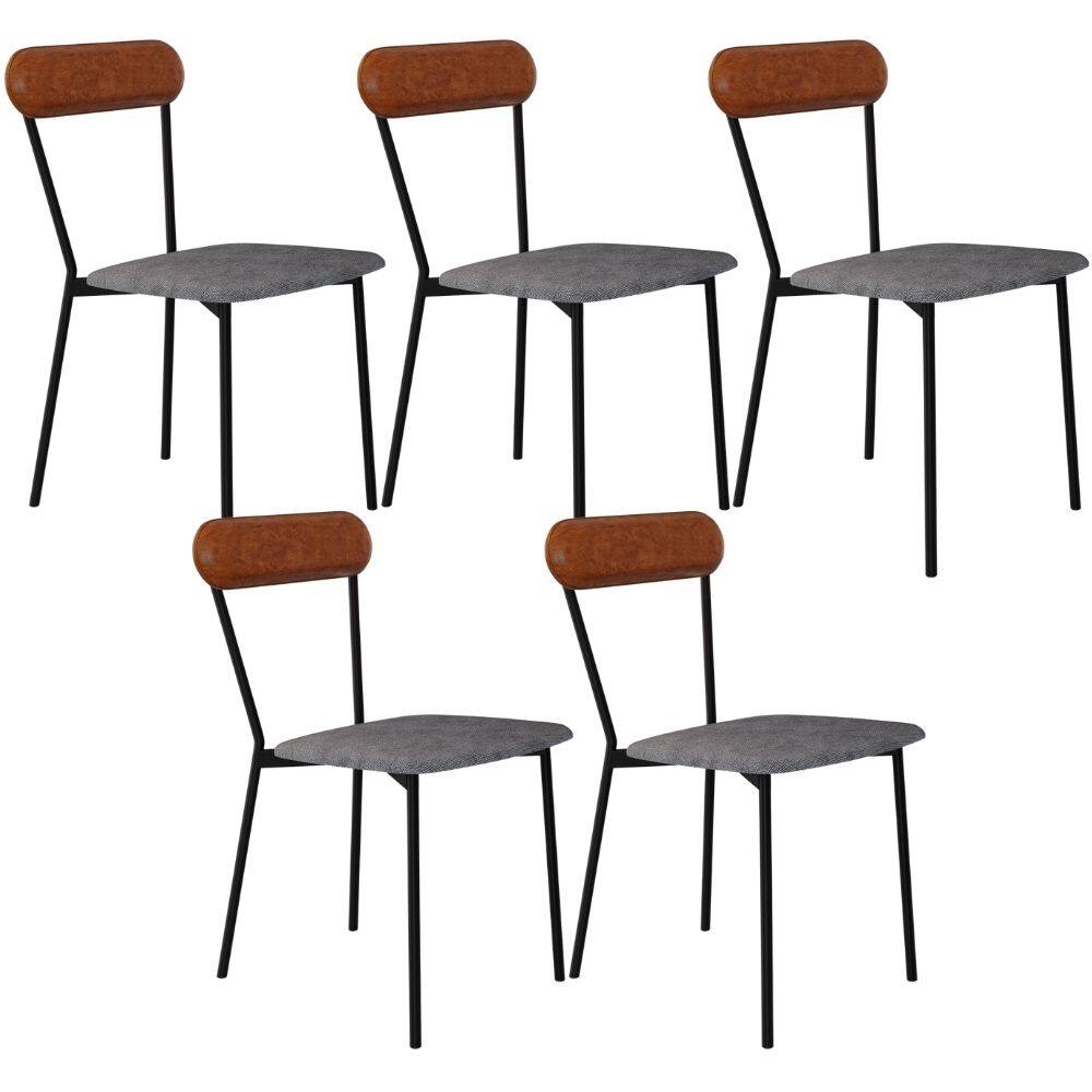 Kit 05 Cadeiras Estofada Para Sala de Jantar Liora Preto C01 Linho Prata Courino Caramelo - Lyam Decor