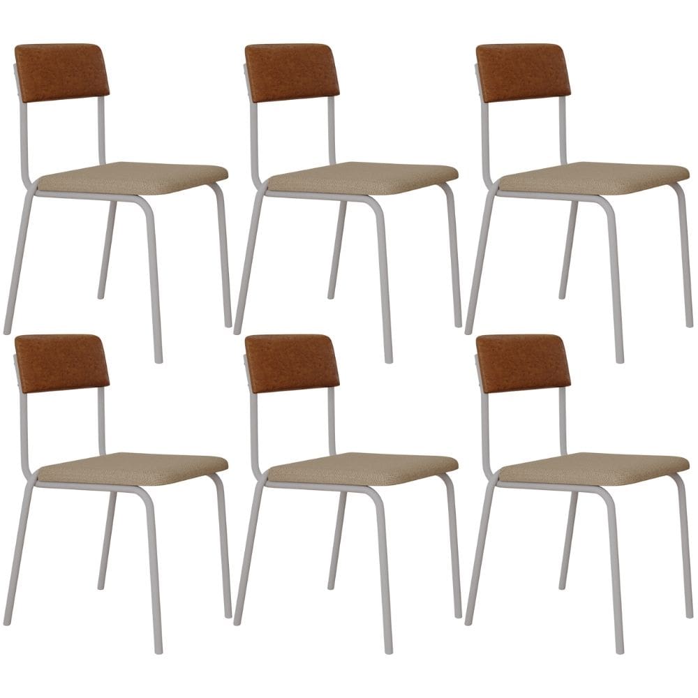 Kit 06 Cadeiras Estofada Para Sala de Jantar Sense Branco C01 Linho Areia Courino Caramelo - Lyam Decor