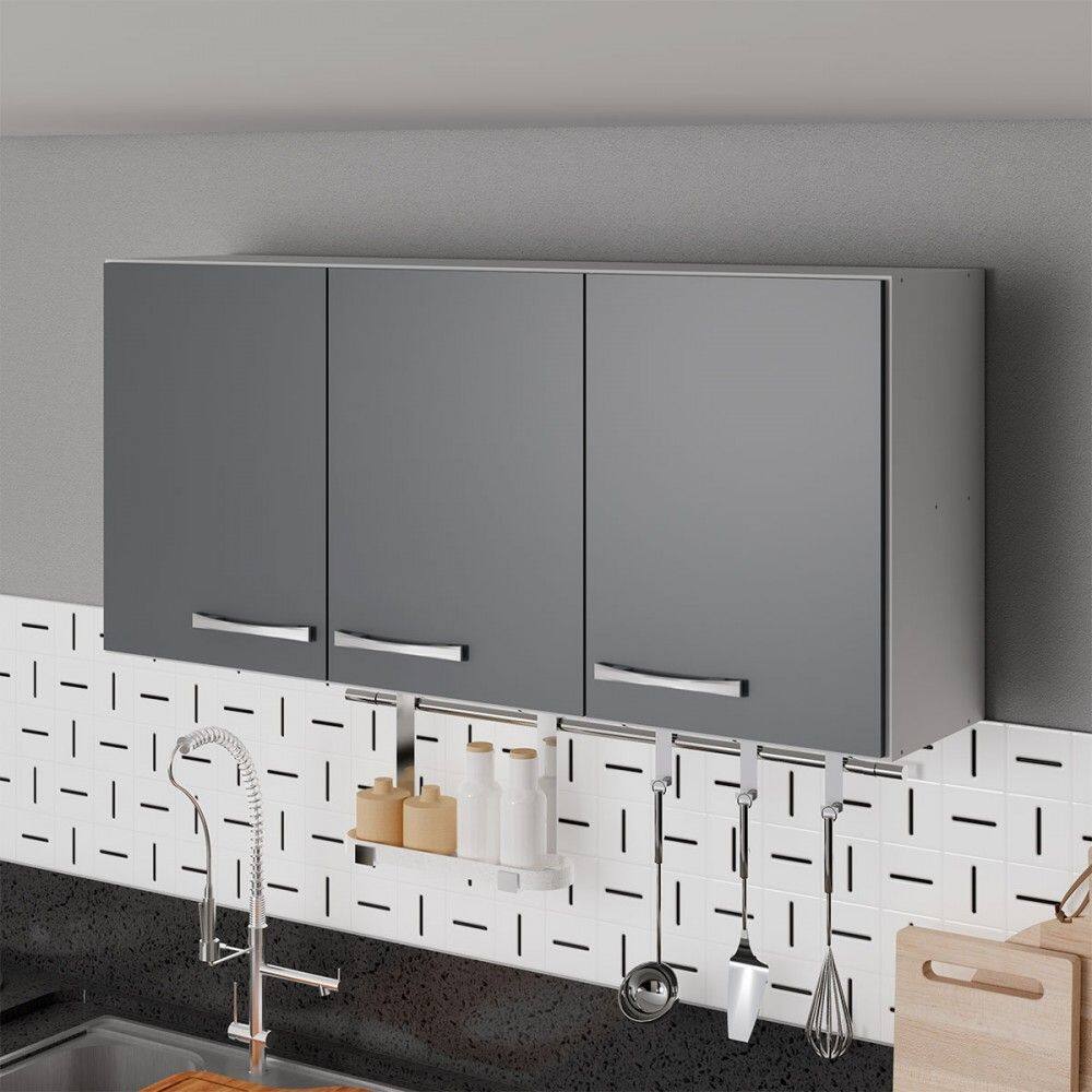 Armário Aéreo Cozinha Genebra 3 Portas Branco/Cinza - Pnr Móveis