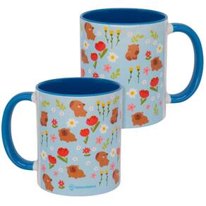 Caneca Capivara Flores Porcelana 350ml Interior E Alça Azul