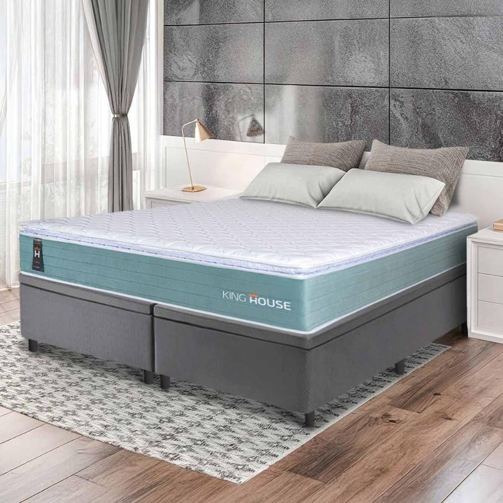 Conjunto Box Baú Cinza Lagos Verde Molas Ensacadas King 193x203x73 - King House