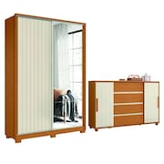 Conjunto de Quarto Guarda Roupas com Espelho 2 Portas de Correr e Cômoda Hera Flex Madeirado/Off Whi