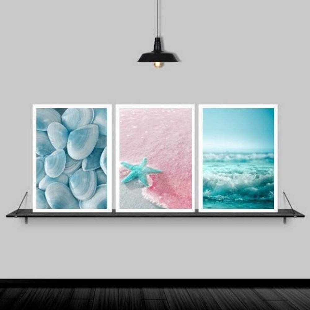 Kit 3 Quadros Estrela Do Mar Rosa E Azul 45X34Cm