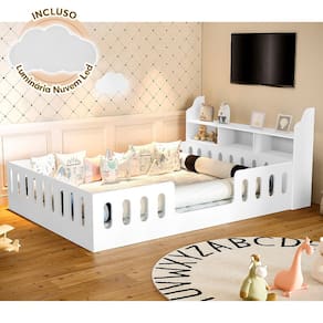 Cama de Criança Infantil Reforçada Casal com Nicho Helo Luminária Led - Branca