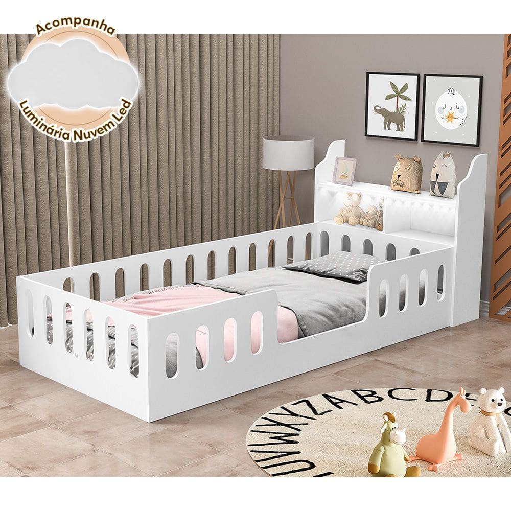 Cama Infantil Montessoriana Reforçada Helo Solteiro com Nicho e Led Branca Acompanha Luminária Nuvem